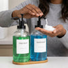 Glass Soap Dispenser Set 2 Pack, 18 oz Refillable Liquid Hand Dish Soap Pump Bottles with Bamboo Tray Waterproof Labels for Kitchen Sink